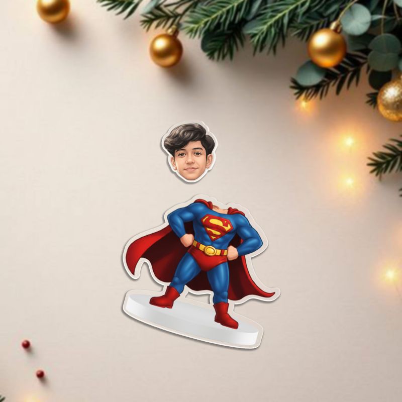 Personalized Super Man Cartoon Theme Funny Face Caricature Birthday Return Gift for Kids, Girls & Boys Solar Powered Moving Head for Car Dashboard & Table Decor